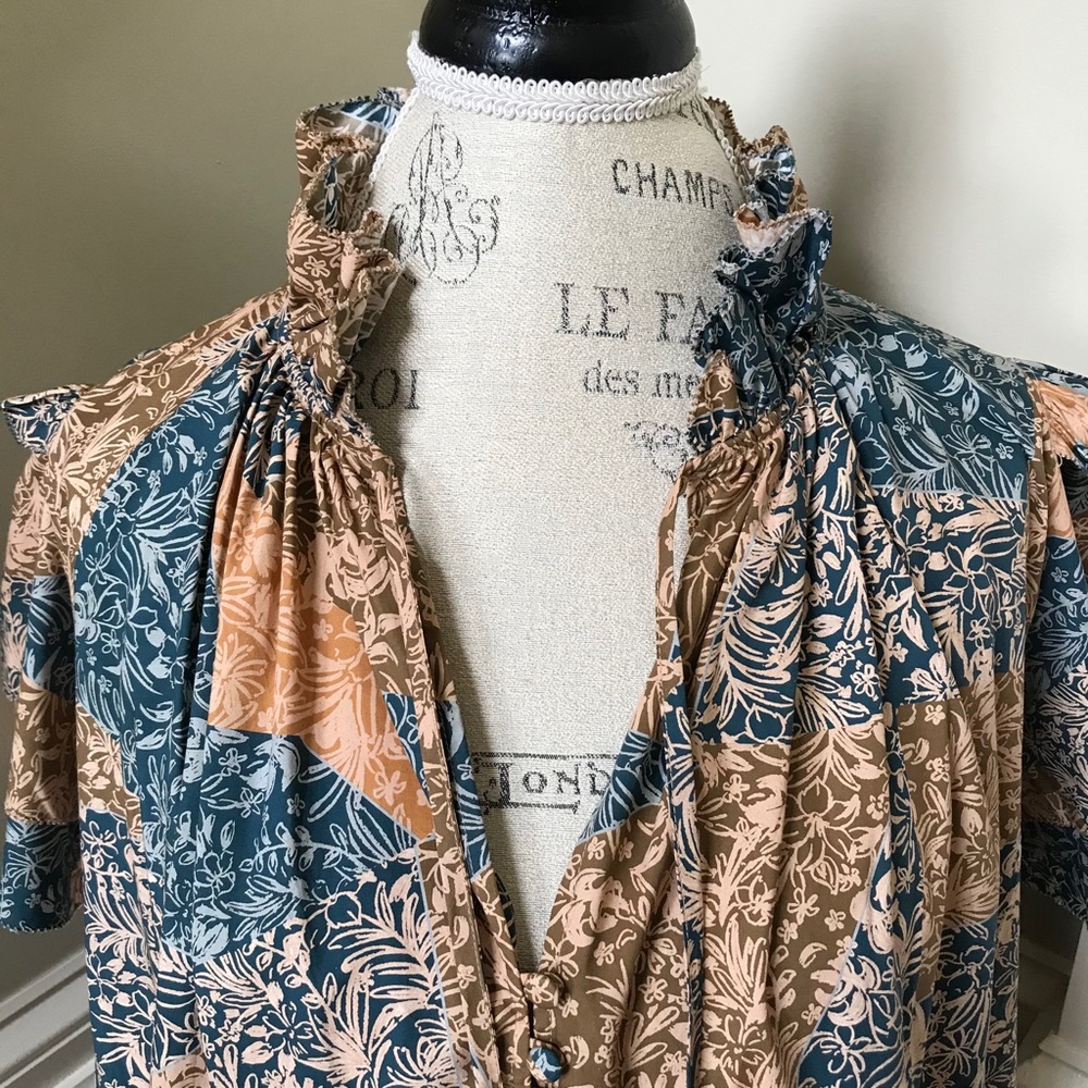 NWOT Hunter Bell Merritt Shift Dress Womens Large Blue Tan Short Sleeve V-Neck - Picture 7 of 13
